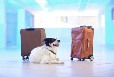 Border collie guards suitcases Stock Photos