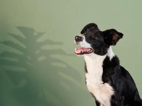 Border Collie posing in front of green backdrop Stock Photos