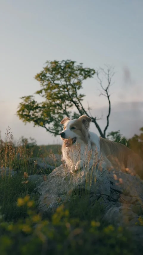 Border collie red and white dog lies on rocks in the mountains and trees looking Stock Footage 310632274