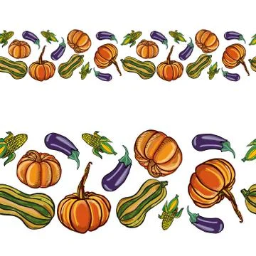 A border of colored vegetables. Vector seamless composition. Stock Illustration