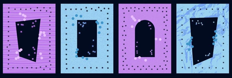 Border confetti set of four frames with star punch holes. Purple and blue panels Illustrazione stock