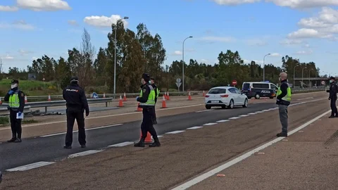 Border control between Spain and Portugal becuase of the COVID19. Stock Footage 126574969