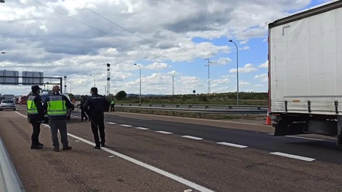 Border control between Spain and Portugal becuase of the COVID19. Stock Footage 126575398