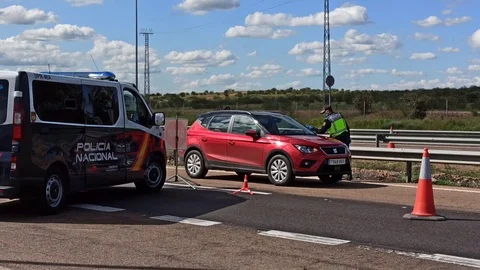 Border control between Spain and Portugal becuase of the COVID19. Stock Footage 126575467