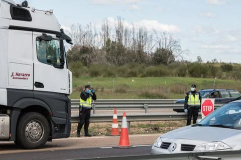 Border control between Spain and Portugal becuase of the COVID19. Stock Photos
