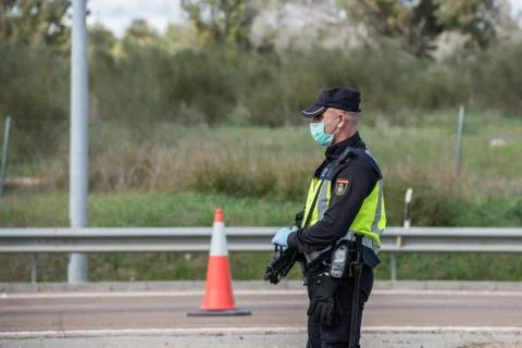 Border control between Spain and Portugal becuase of the COVID19. Stock Photos