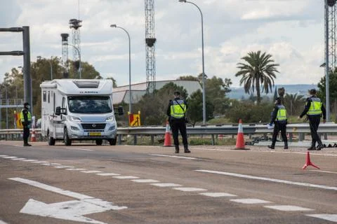 Border control between Spain and Portugal becuase of the COVID19. Stock Photos