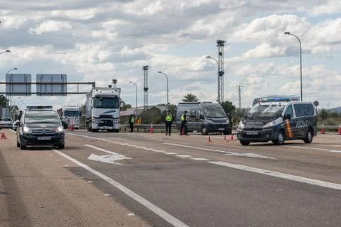 Border control between Spain and Portugal becuase of the COVID19. Stock Photos