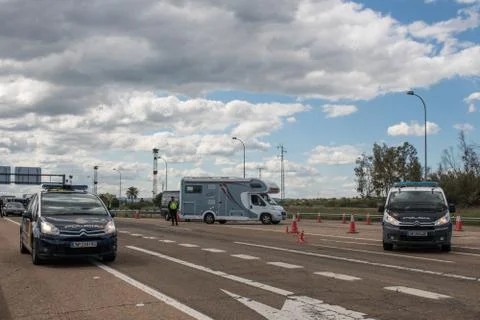 Border control between Spain and Portugal becuase of the COVID19. Stock Photos