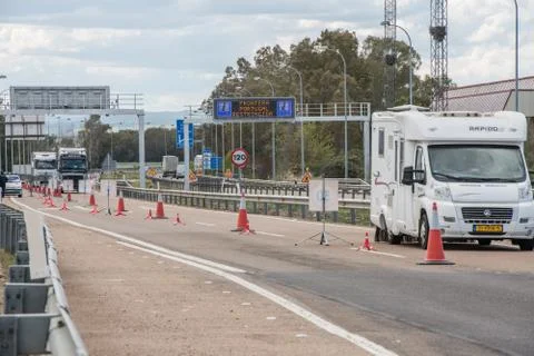 Border control between Spain and Portugal becuase of the COVID19. Stock Photos