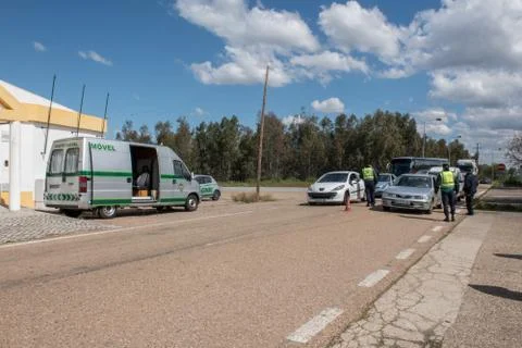 Border control between Spain and Portugal becuase of the COVID19. Stock Photos