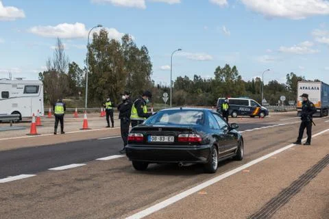 Border control between Spain and Portugal becuase of the COVID19. Stock Photos