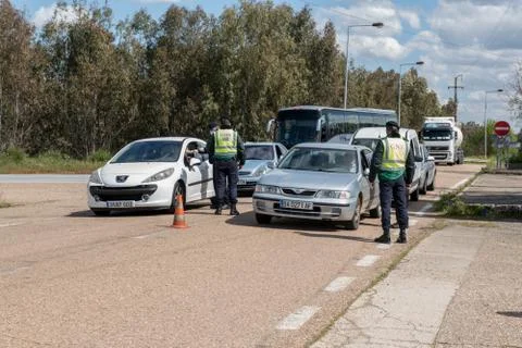 Border control between Spain and Portugal becuase of the COVID19. Stock Photos