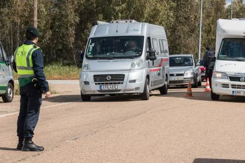 Border control between Spain and Portugal becuase of the COVID19. Stock Photos