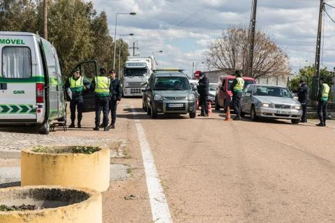 Border control between Spain and Portugal becuase of the COVID19. Stock Photos