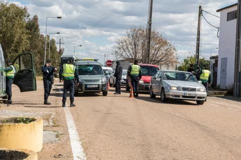 Border control between Spain and Portugal becuase of the COVID19. Stock Photos