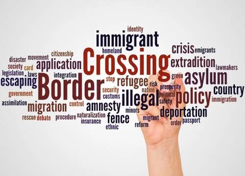 Border Crossing word cloud and hand with marker concept 스톡 일러스트