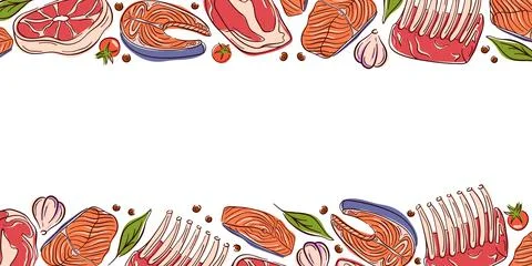 Border design with flat style raw meat, salmon, garlic, tomato, pepper and herbs Stock Illustration