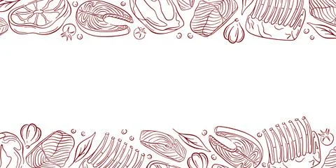 Border design with line art raw meat, salmon, garlic, tomato, pepper and herbs Stock Illustration