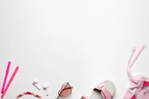 Border design top view with copy space. Beach summer holiday girl's accessori Stock Photos