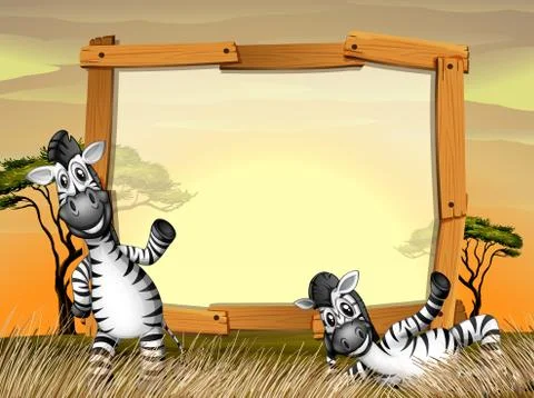 Border design with two zebras in the field Stock Illustration
