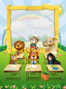 Border design with wild animals sitting in classroom イラスト素材