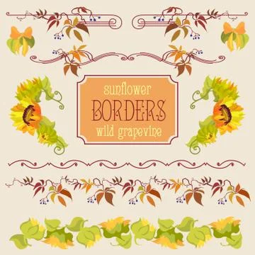 Border elements set with sunflower and grape Stock Illustration