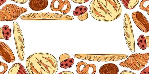 Border with flat style bakery product including bread, baguette, croissant and Stock Illustration
