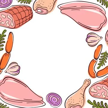 Border frame of assorted meat product, sausage, ham, chicken breast, drumsticks Stock Illustration
