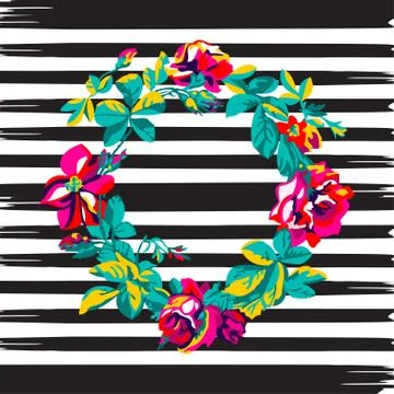 Border frame botanical wreath tropical flower rose vintage print, stripes pat Stock Illustration