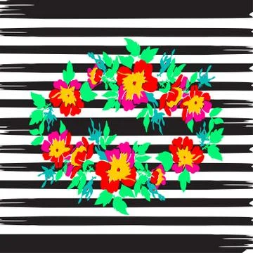 Border frame botanical wreath tropical flower rose vintage print, stripes pat Stock Illustration