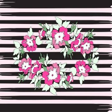 Border frame botanical wreath tropical flower rose vintage print, stripes pat Stock-Illustration