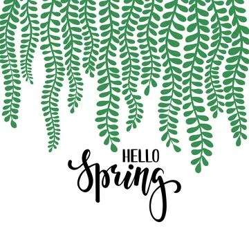 Border frame branch leaves. Hello spring. Hand drawn calligraphy and brush .. Stock Illustration