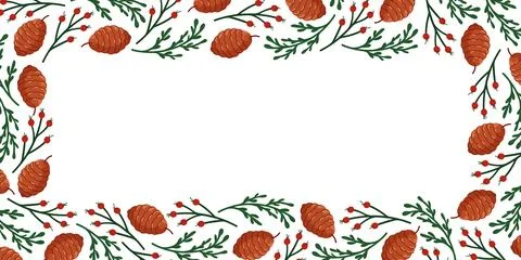 Border frame with brown pinecone, evergreen branch and red berry in flat style Stock Illustration