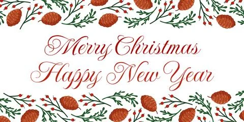 Border frame with brown pinecone, evergreen branch and red berry in flat style Stock Illustration