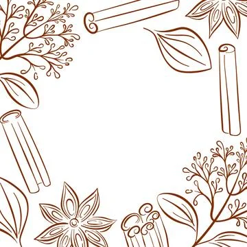 Border frame with cinnamon stick, star anise, leaves and branches in line art Stock Illustration