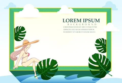 A border frame design decorated with girl in bikini and palm leaves,  Vector Stock Illustration