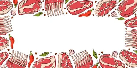 Border frame with different meat cut steak, rib and chop in a flat style. Ideal Stock Illustration