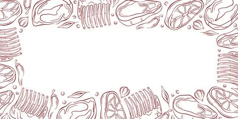 Border frame with different meat cut steak, rib and chop in a line art style Stock Illustration