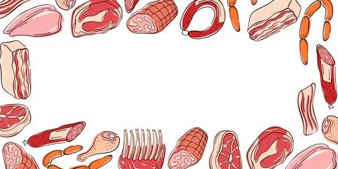 Border frame with different meat cuts in flat style. Perfect for butcher shop Stock Illustration