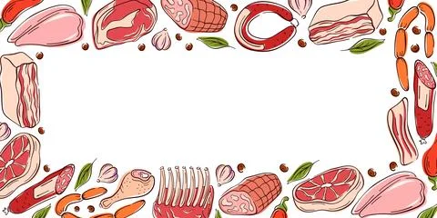 Border frame in flat style with different meats on a white background. Steak Stock Illustration