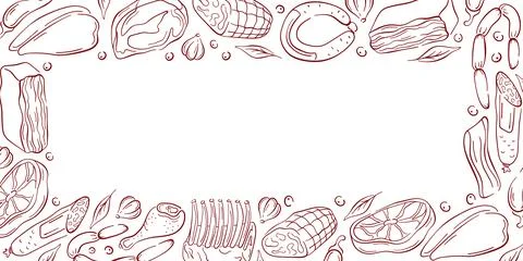 Border frame in line art style with different meats on a white background. Steak Stock Illustration
