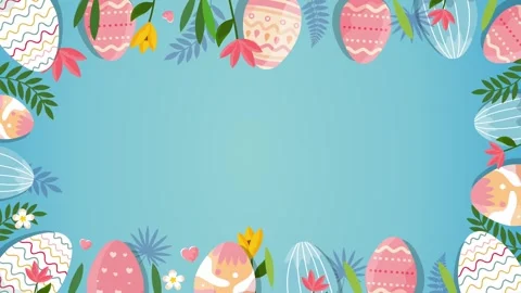 Border frame made of colorful easter eggs and flowers on blue background Stock Footage 327518625