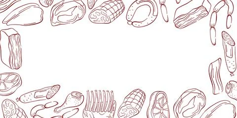 Border frame with meat cuts in line art style. Ideal for butcher shop design Stock Illustration