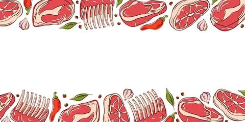 Border frame of raw meat steak, ribs and spices with garlic, chili and herbs Stock Illustration