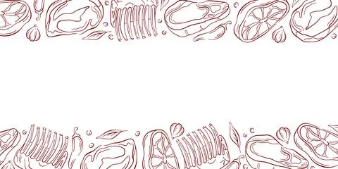 Border frame of raw meat steak, ribs and spices with garlic, chili and herbs Stock Illustration