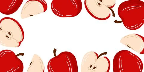 Border frame with red apple and seed on a white background for autumn harvest Illustrazione stock