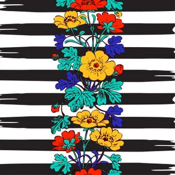 Border frame seamless botanical bush with tropical flowers vinta Stock Illustration