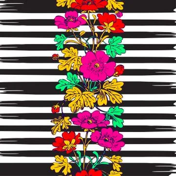 Border frame seamless botanical bush with tropical flowers vinta Stockillustratie