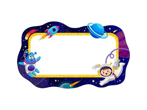 Border frame with space planets, stars, spaceship Stock Illustration
